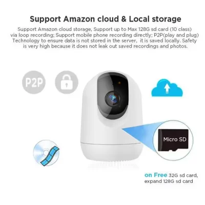 Pan-tilt wireless indoor camera with 360° rotation for comprehensive home monitoring.