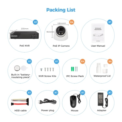 Easy installation of PoE 8 channel NVR system with 6 cameras for home and office.