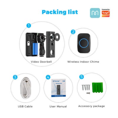 Tuya Smart Wireless Doorbell Kit package contents including charging cable and user manual.