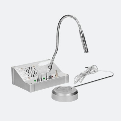Dual-way intercom system setup on a bank counter for smooth communication.