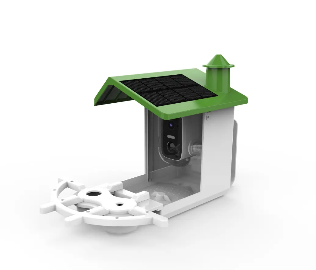 Solar-powered outdoor bird feeder camera with HD video and motion detection.
