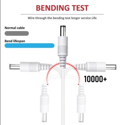 Bending test comparison showing DC power extension cable 10M with longer lifespan against a normal cable