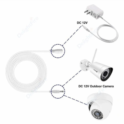DC power extension cable 10M connecting a power adapter to two DC 12V outdoor cameras